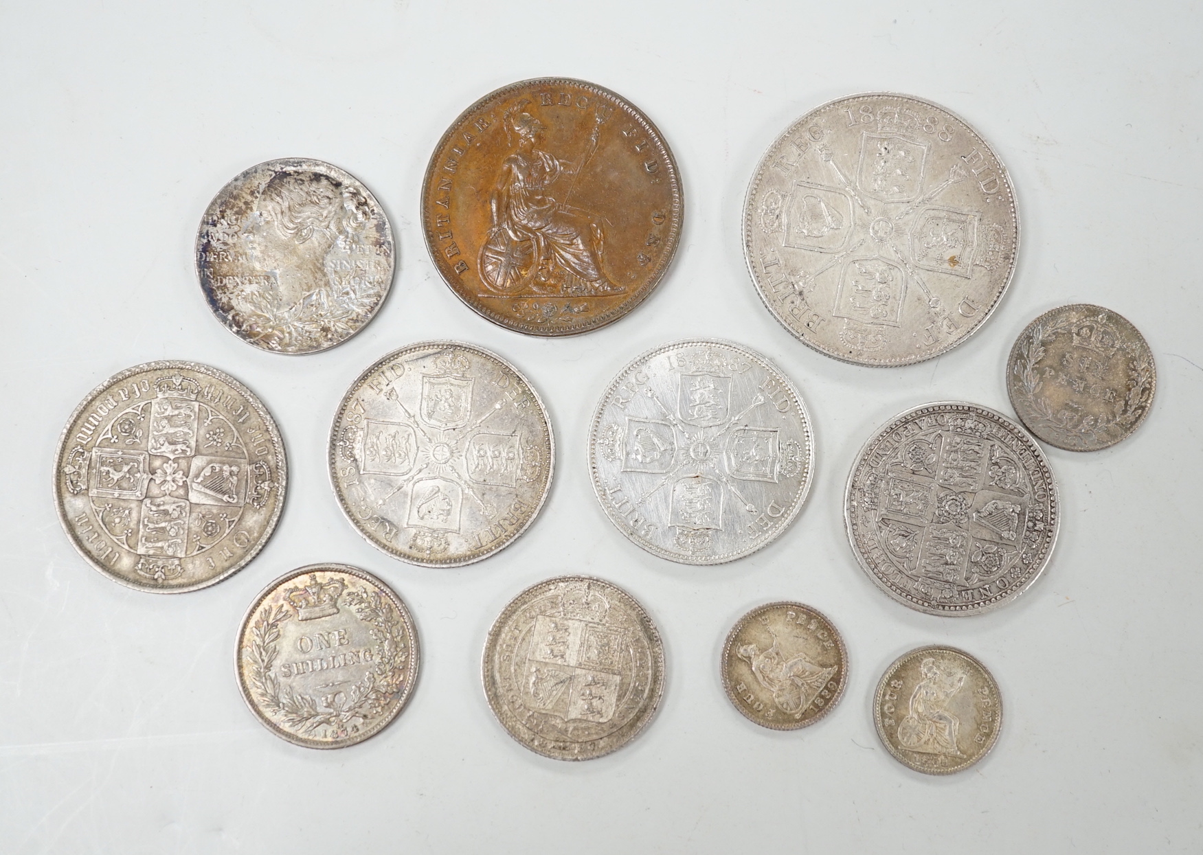 A Victoria double florin 1888 EF florin x 2, 6d 1901 UNC and 7 other Victoria coins and 1841 YH copper penny